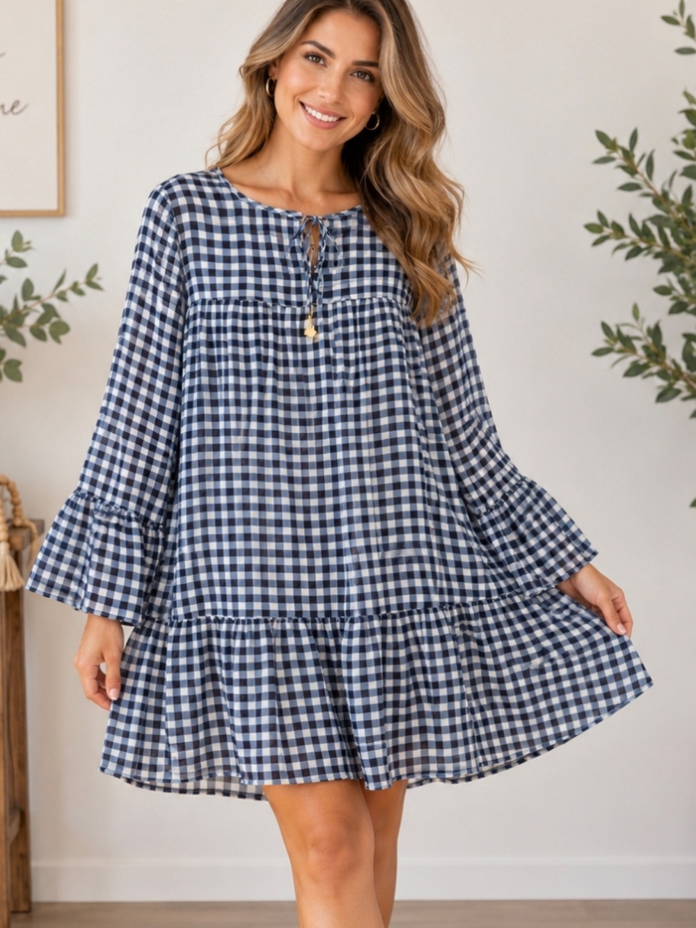 Draper James Women’s Size L Blue & White Gingham Plaid Ruffle Mini Dress Bell Sl